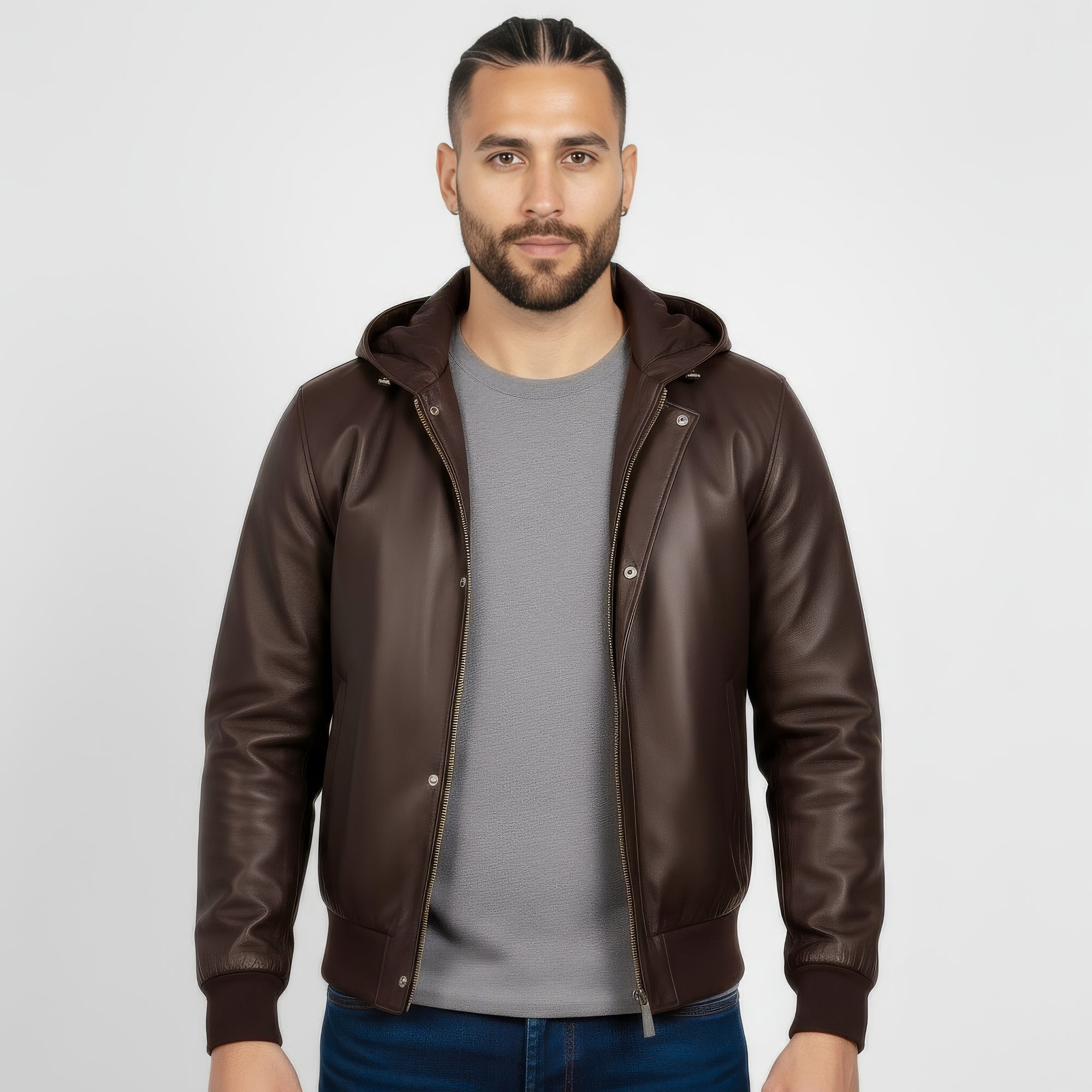 Real Leather Hooded Bomber Jacket for Men - Raul