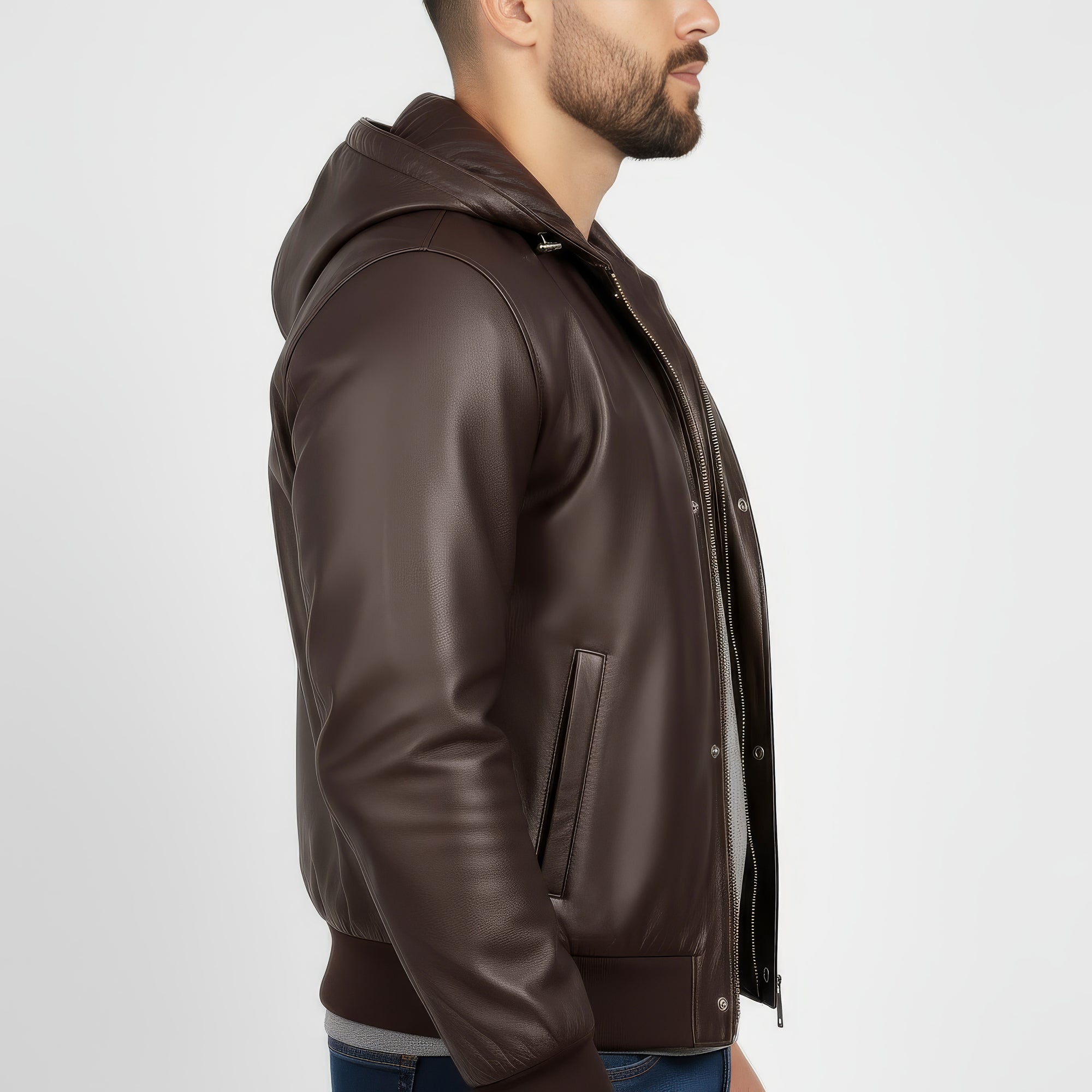 Real Leather Hooded Bomber Jacket for Men - Raul