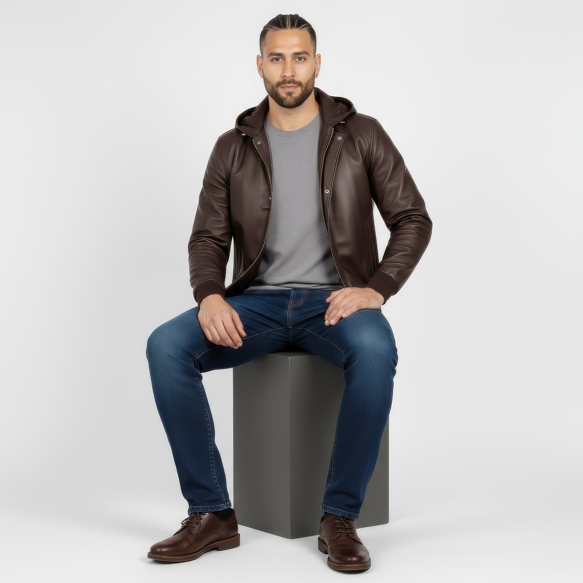 Real Leather Hooded Bomber Jacket for Men - Raul