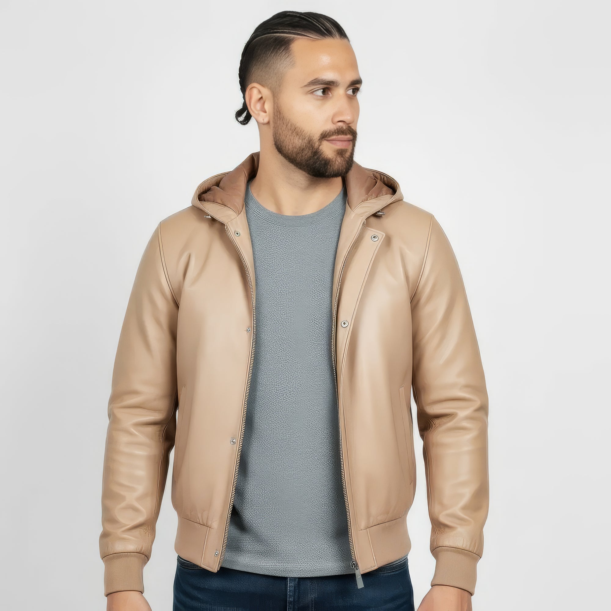 Real Leather Hooded Bomber Jacket for Men - Raul