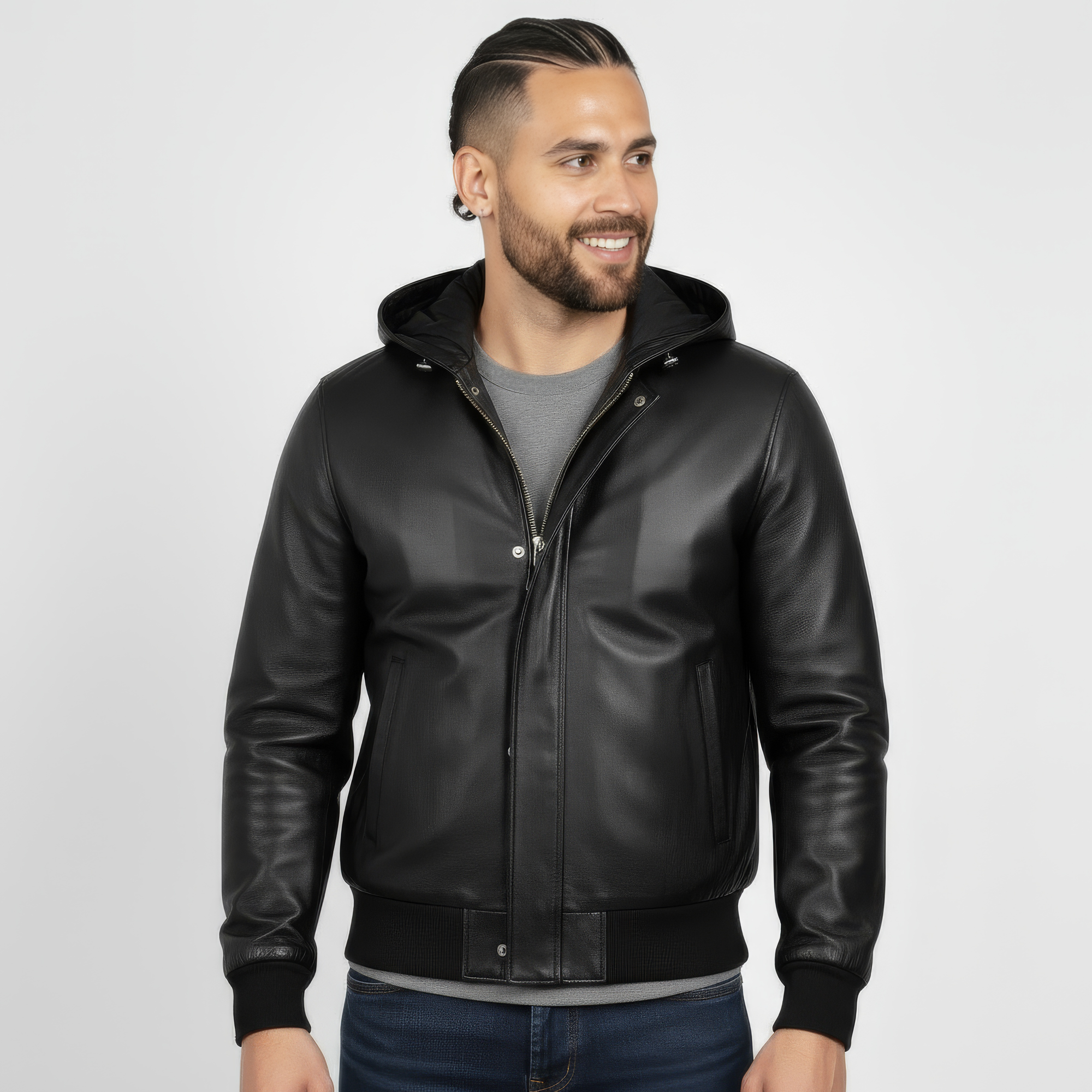 Real Leather Hooded Bomber Jacket for Men - Raul