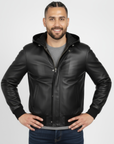 Real Leather Hooded Bomber Jacket for Men - Raul