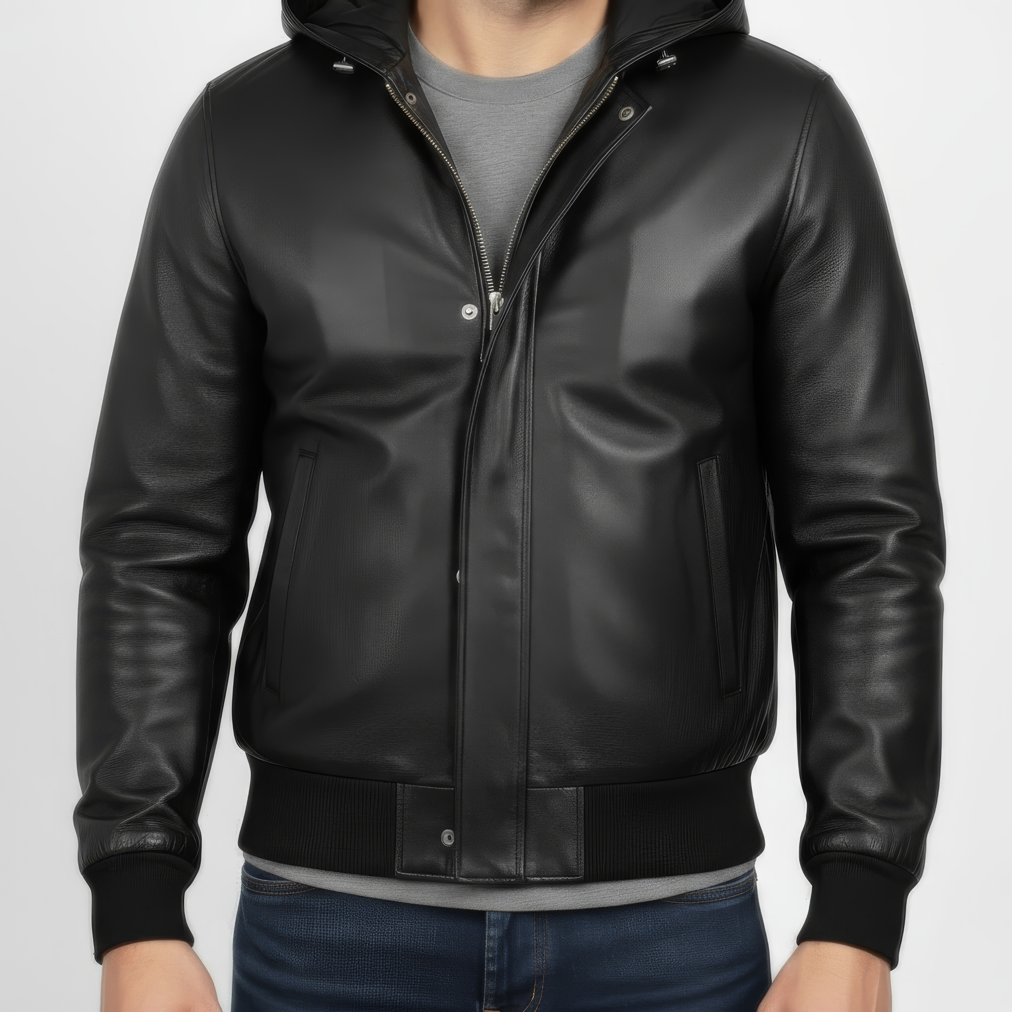 Real Leather Hooded Bomber Jacket for Men - Raul