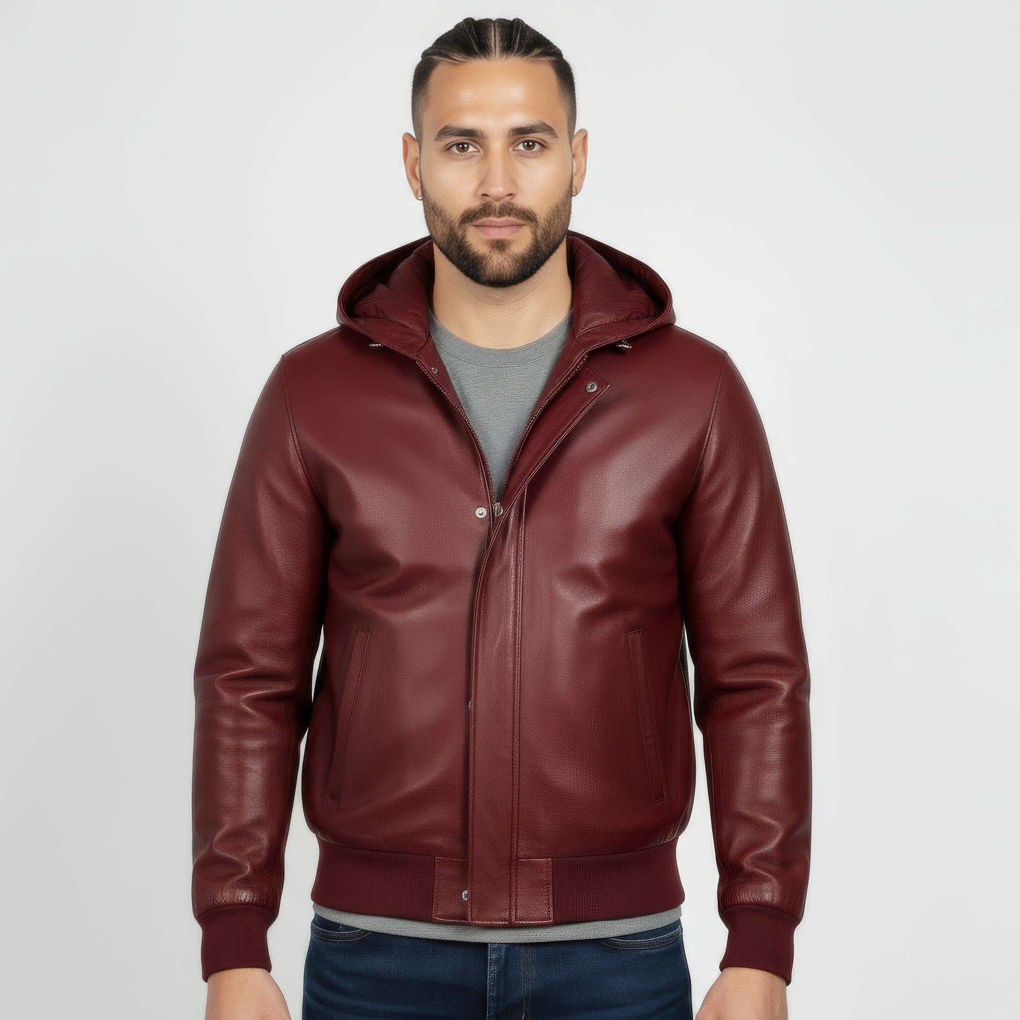 Real Leather Hooded Bomber Jacket for Men - Raul