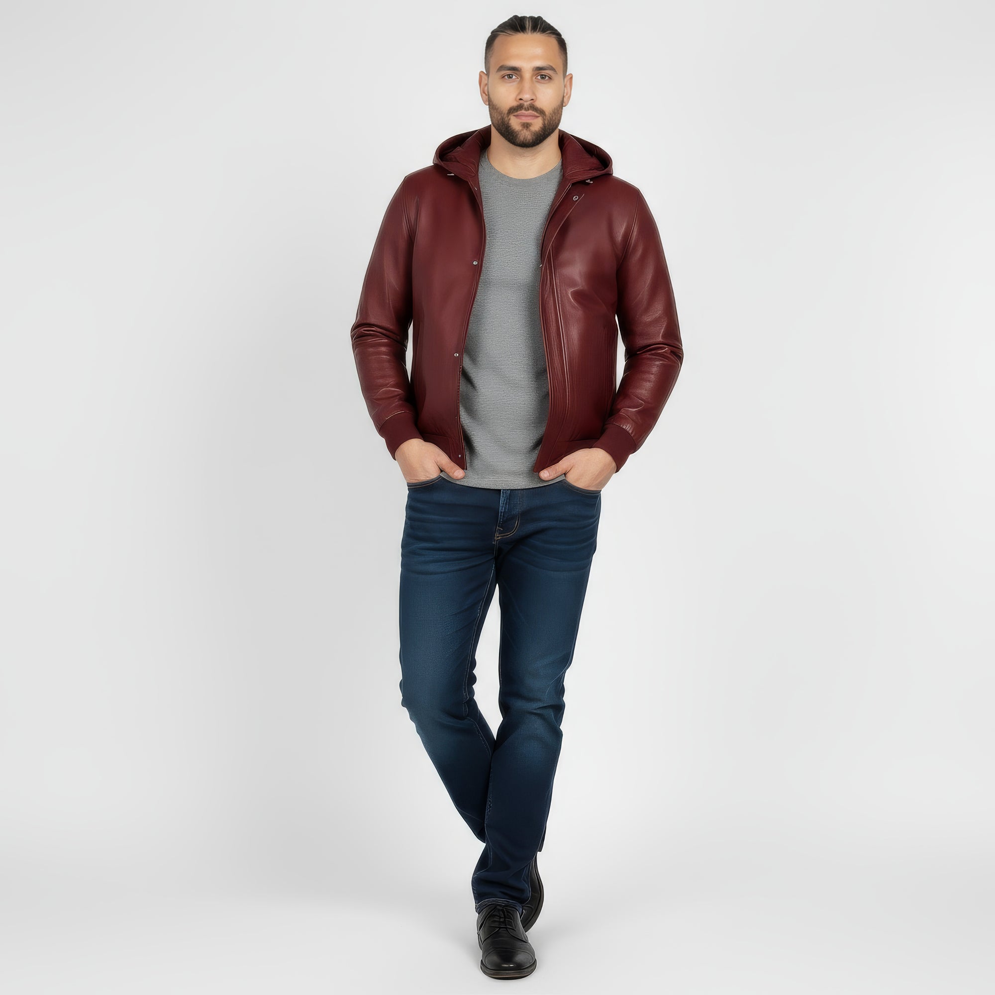 Real Leather Hooded Bomber Jacket for Men - Raul