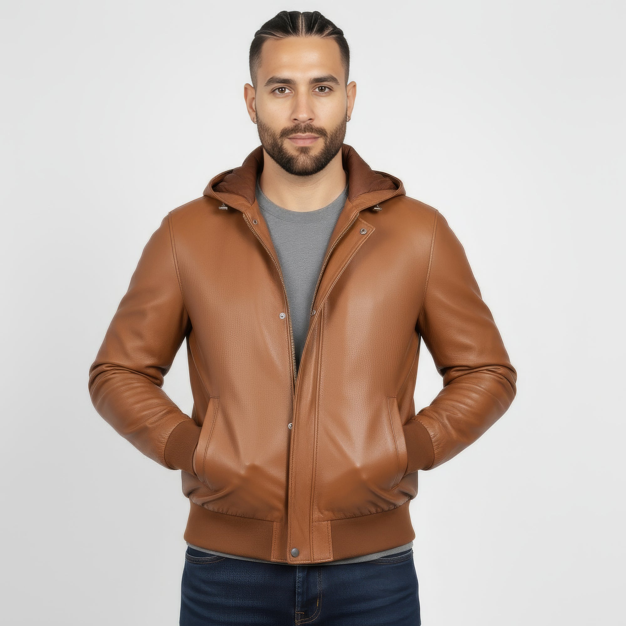 Real Leather Hooded Bomber Jacket for Men - Raul