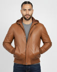Real Leather Hooded Bomber Jacket for Men - Raul