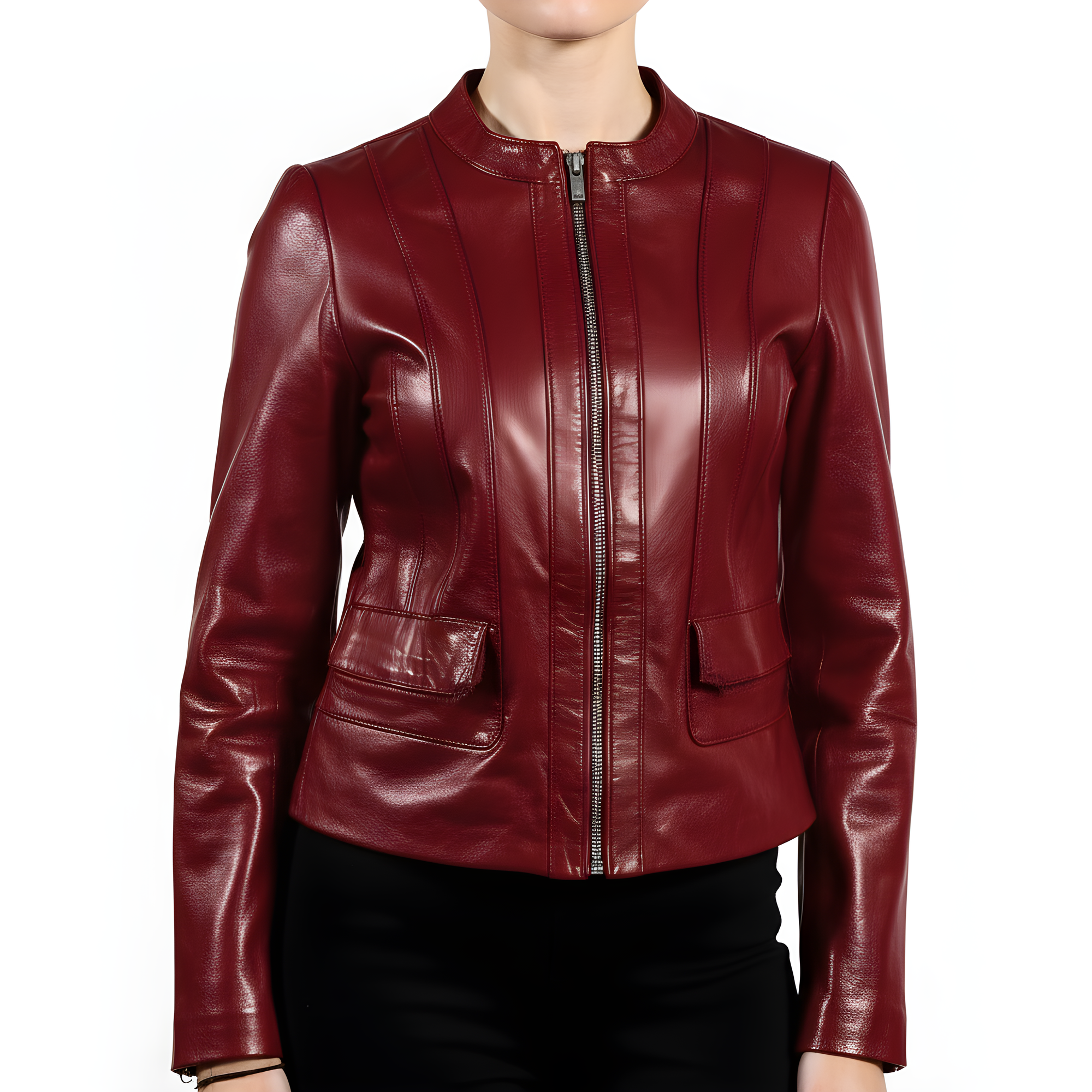 Women&#39;s Collarless Real Leather Jacket - Dione
