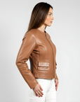 Women's Collarless Real Leather Jacket - Dione