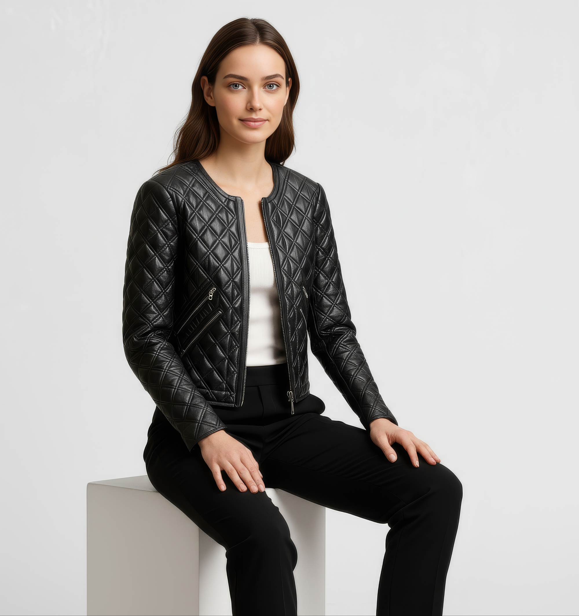 Women&#39;s Quilted Real Leather Jacket - Rosa