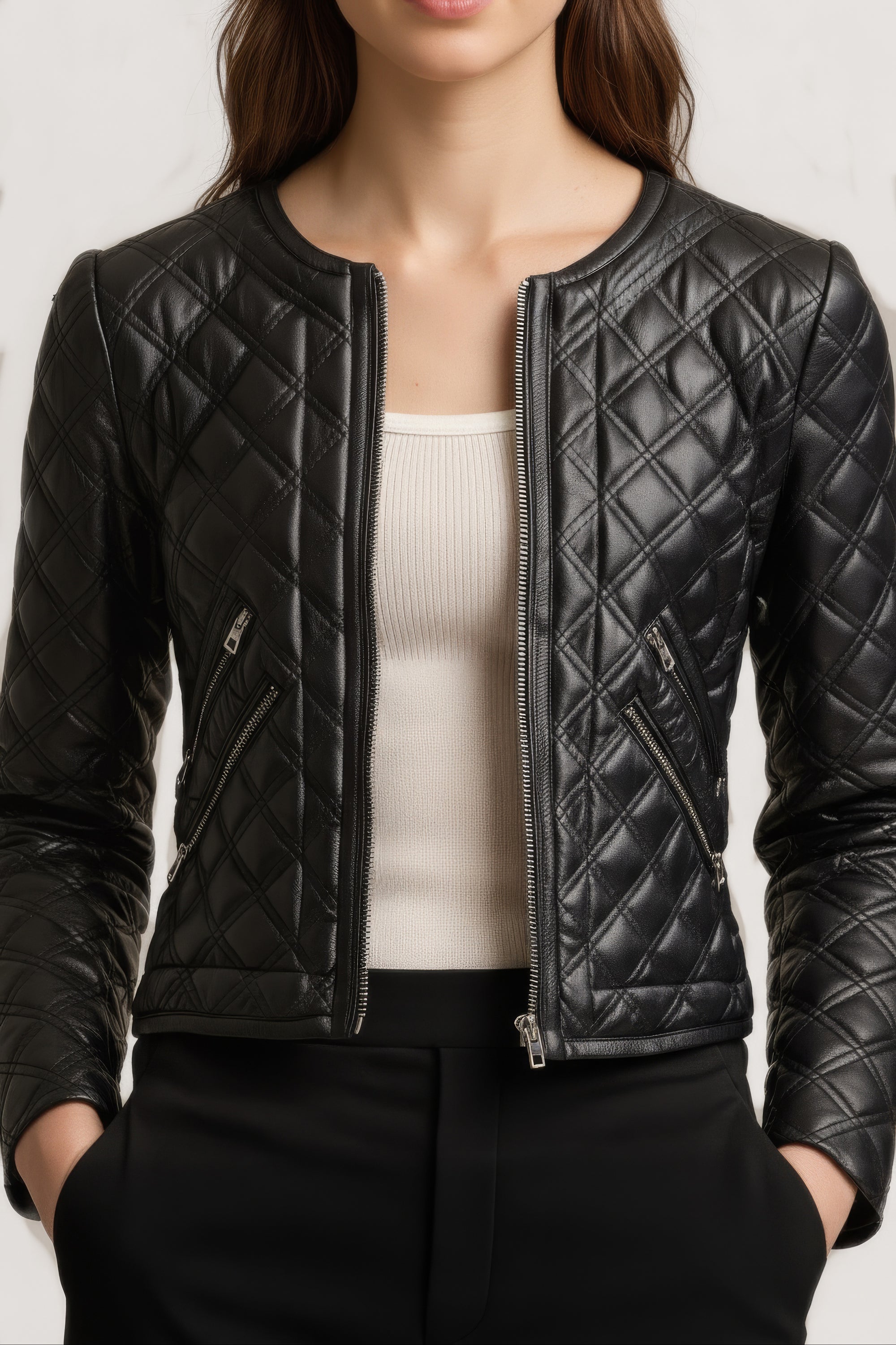Women&#39;s Quilted Real Leather Jacket - Rosa