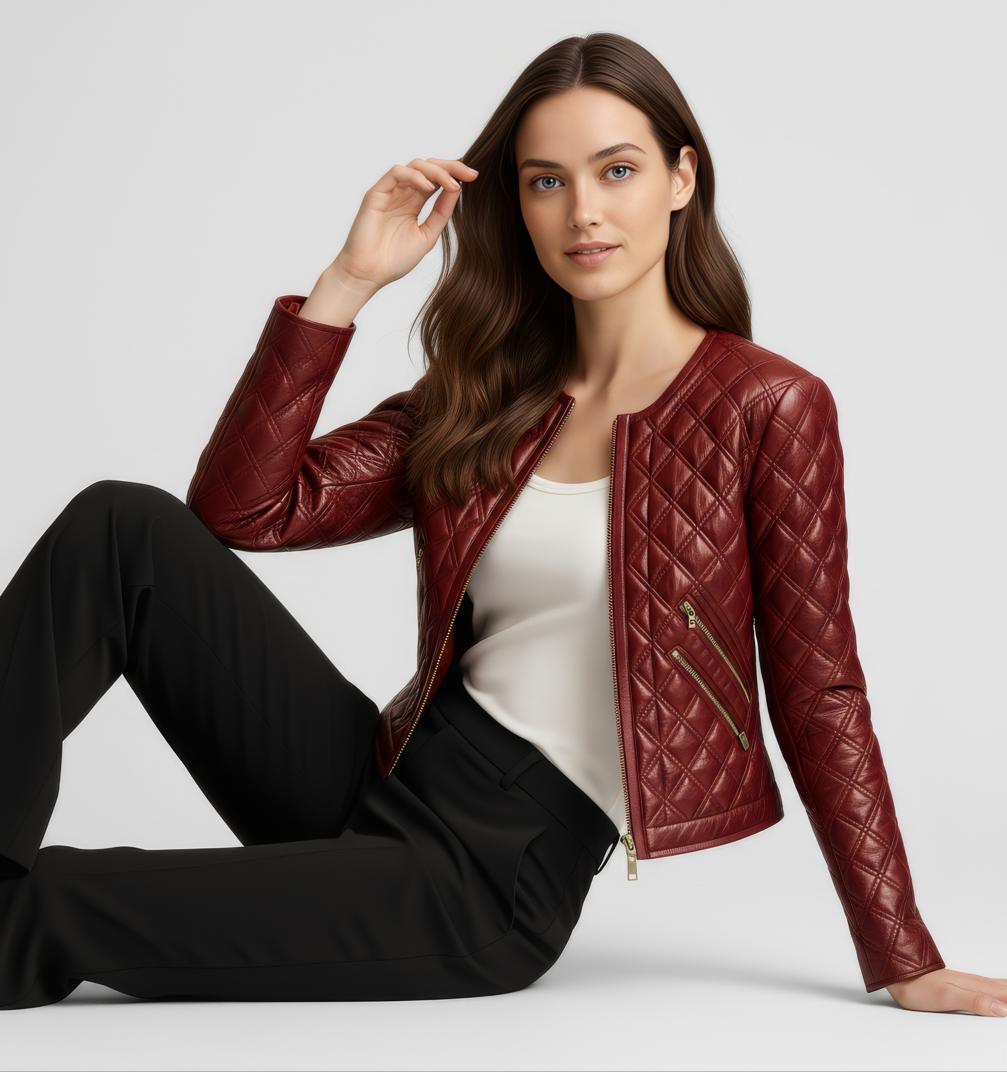 Women&#39;s Quilted Real Leather Jacket - Rosa