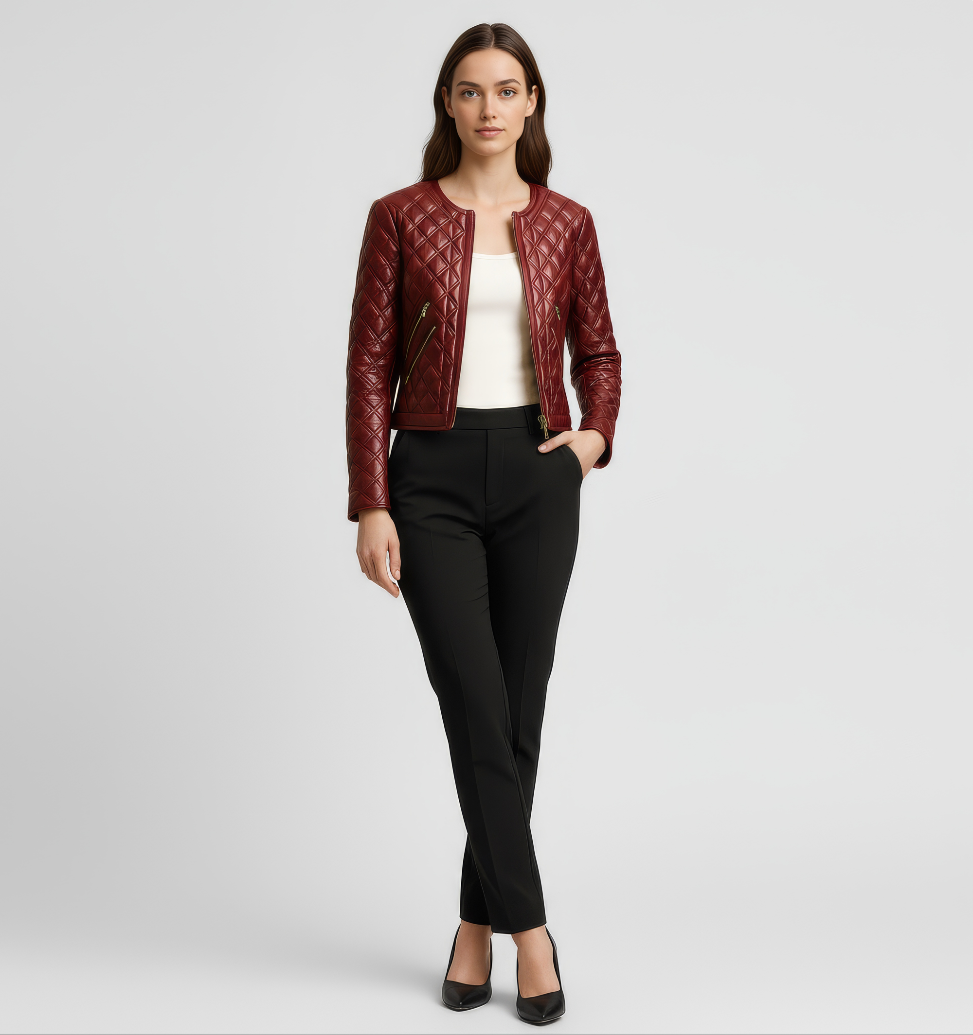 Women&#39;s Quilted Real Leather Jacket - Rosa