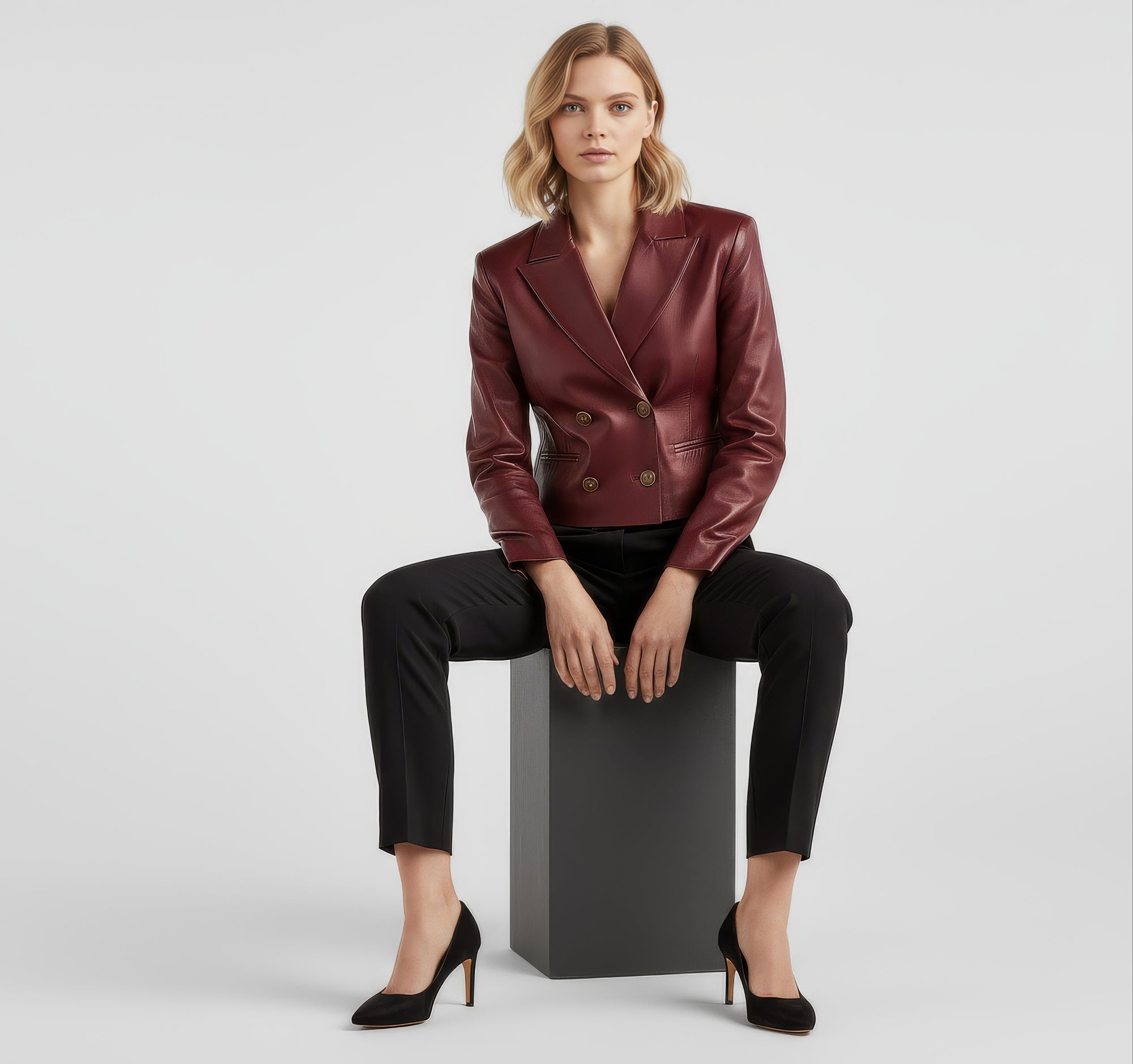 Women&#39;s Real Leather Cropped Blazer - Carina