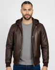 Real Leather Hooded Bomber Jacket for Men - Raul