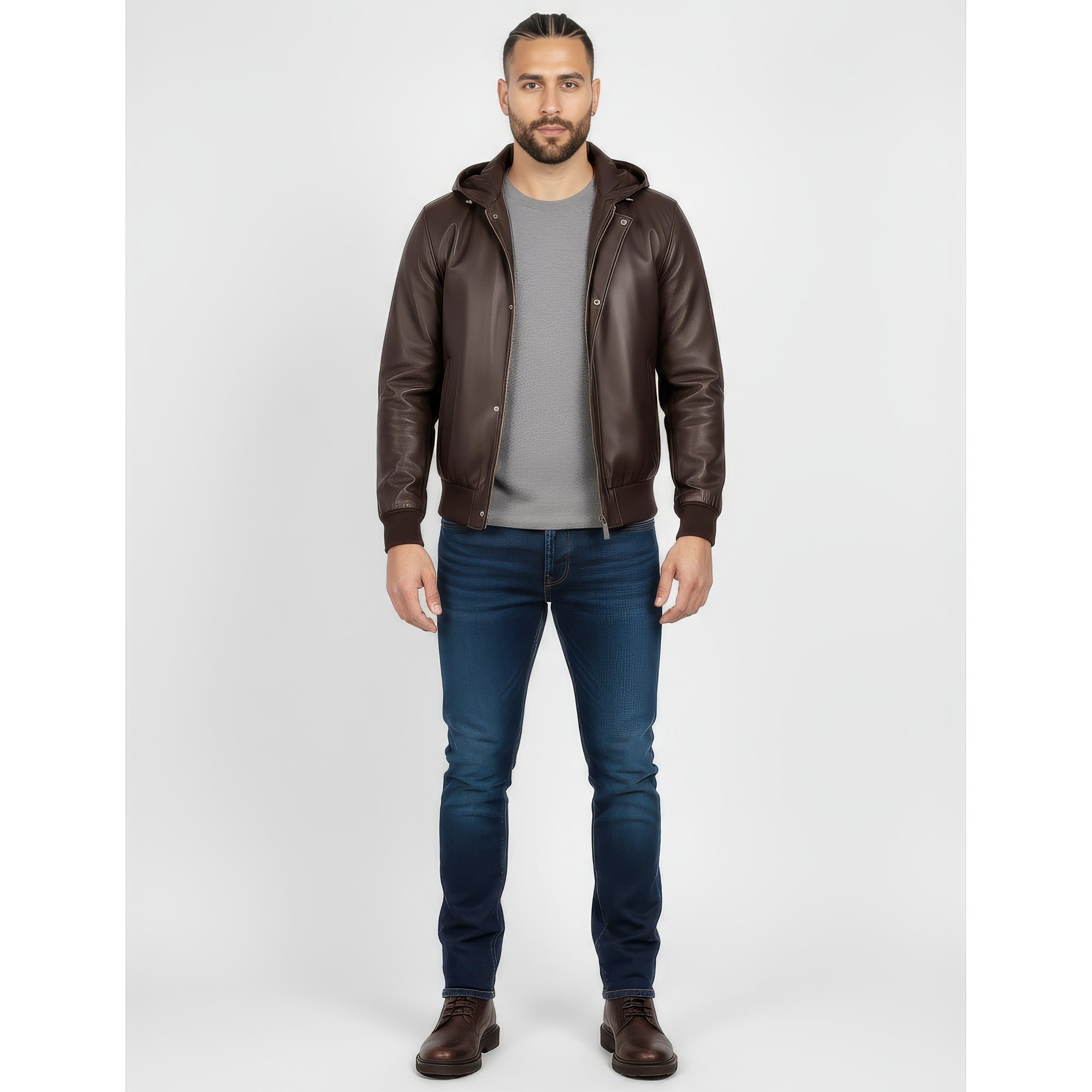 Real Leather Hooded Bomber Jacket for Men - Raul