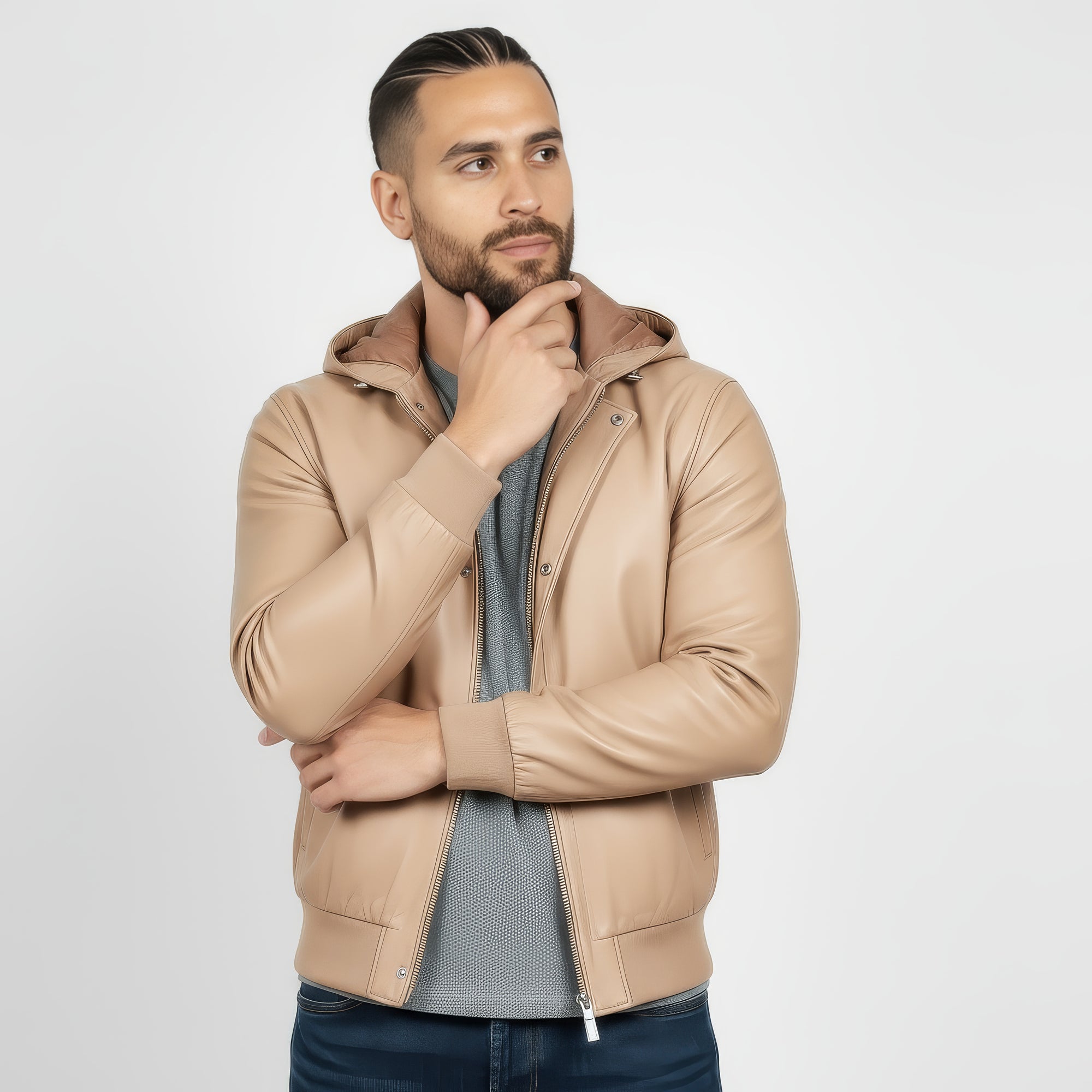 Real Leather Hooded Bomber Jacket for Men - Raul
