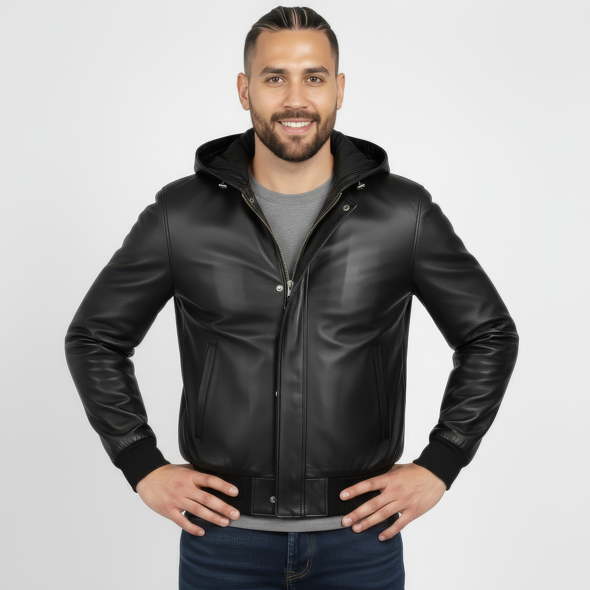 Real Leather Hooded Bomber Jacket for Men - Raul