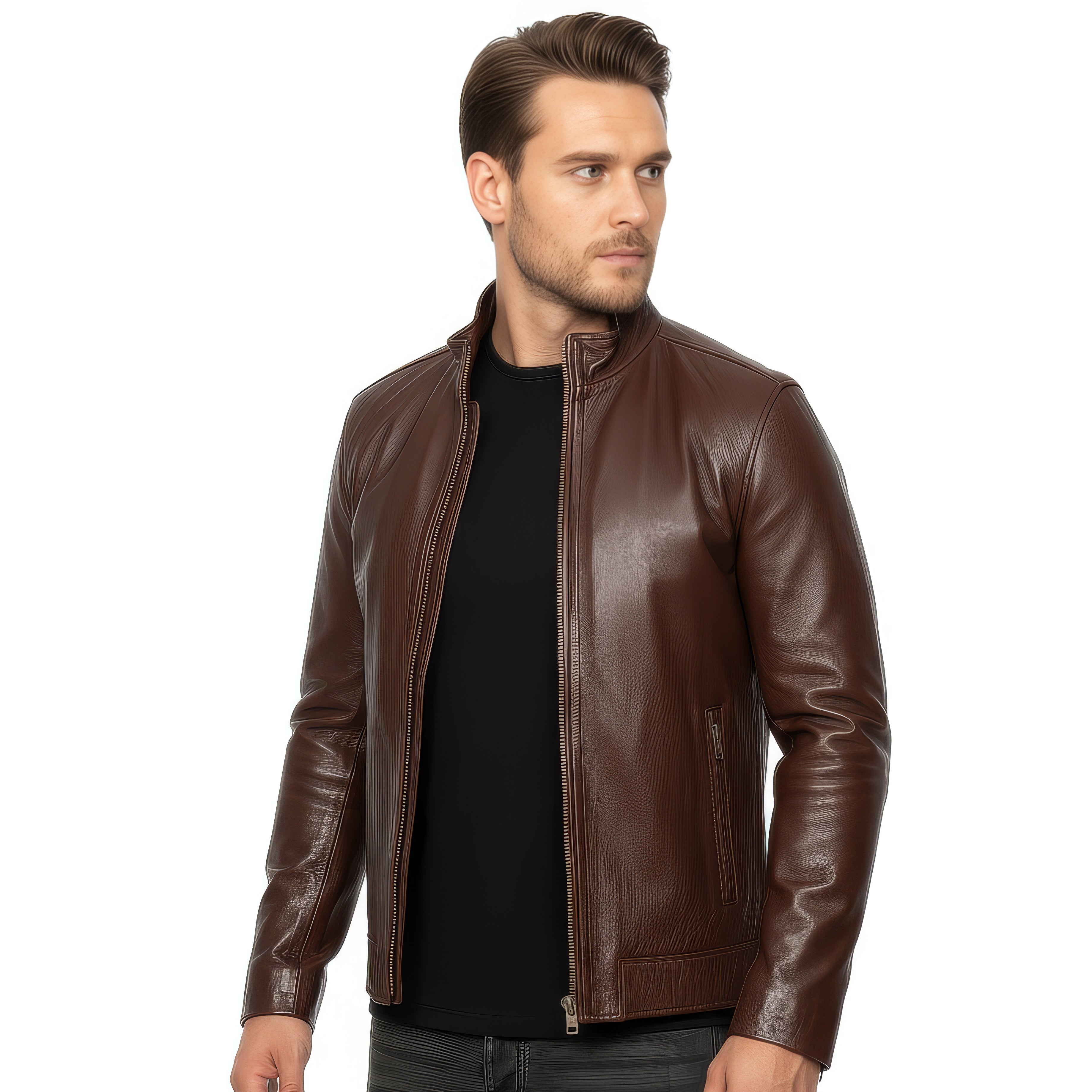 Stand Collar Real Leather Jacket for Men - Harry – SH Leatherwear