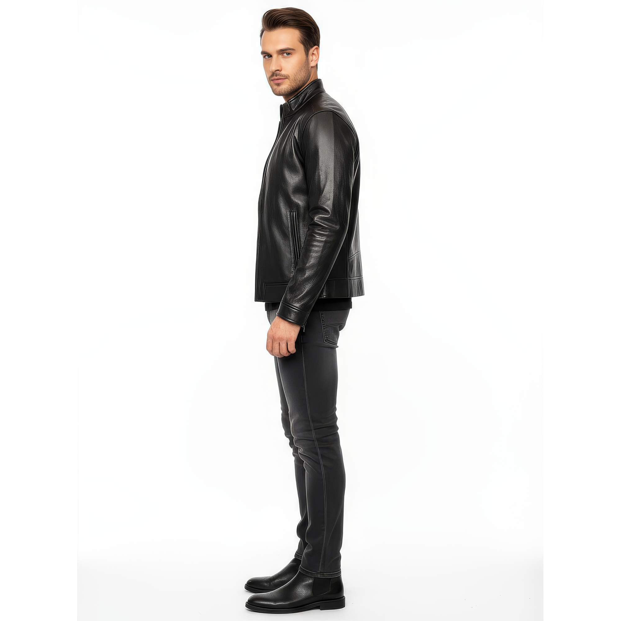 Stand Collar Real Leather Jacket for Men - Harry