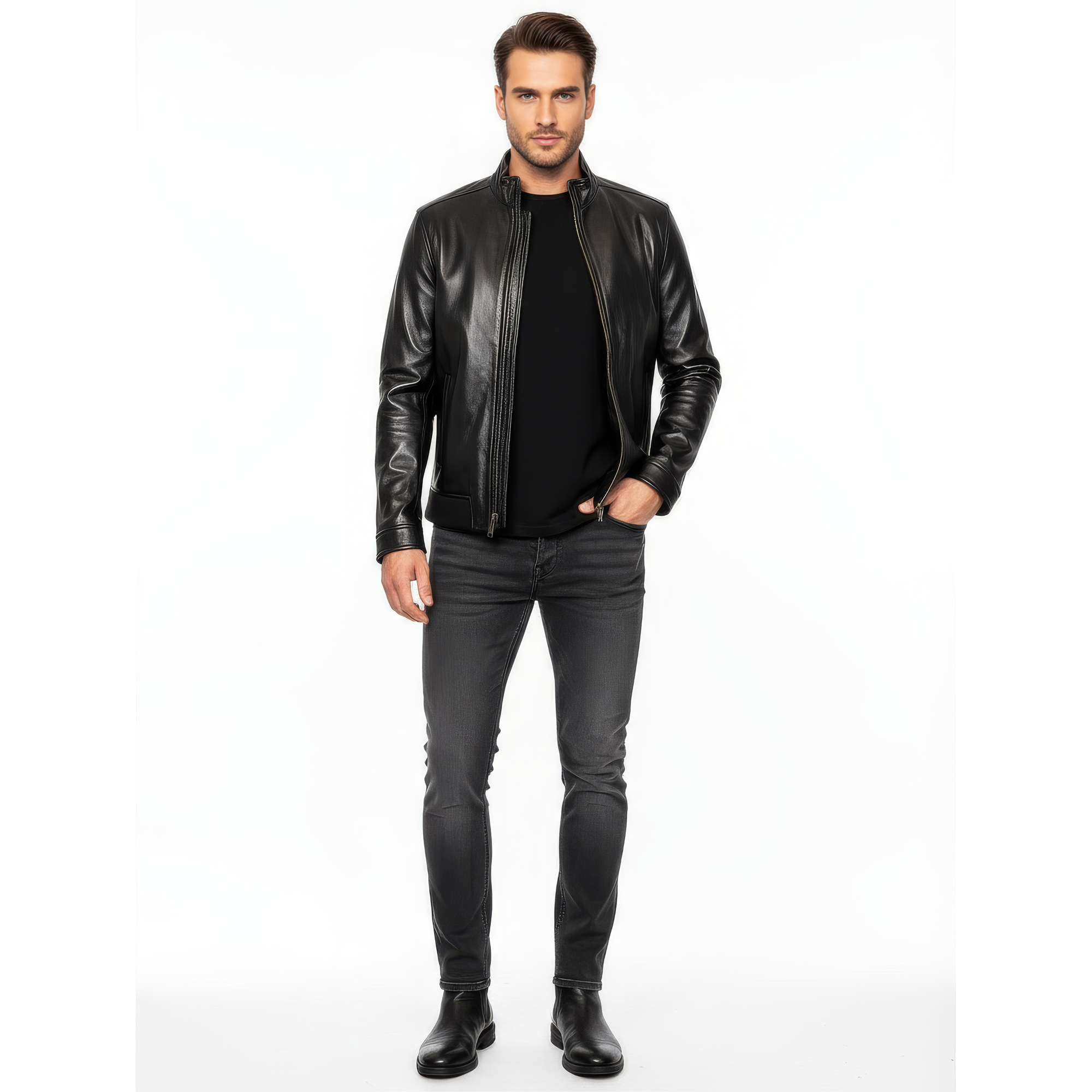 Stand Collar Real Leather Jacket for Men - Harry
