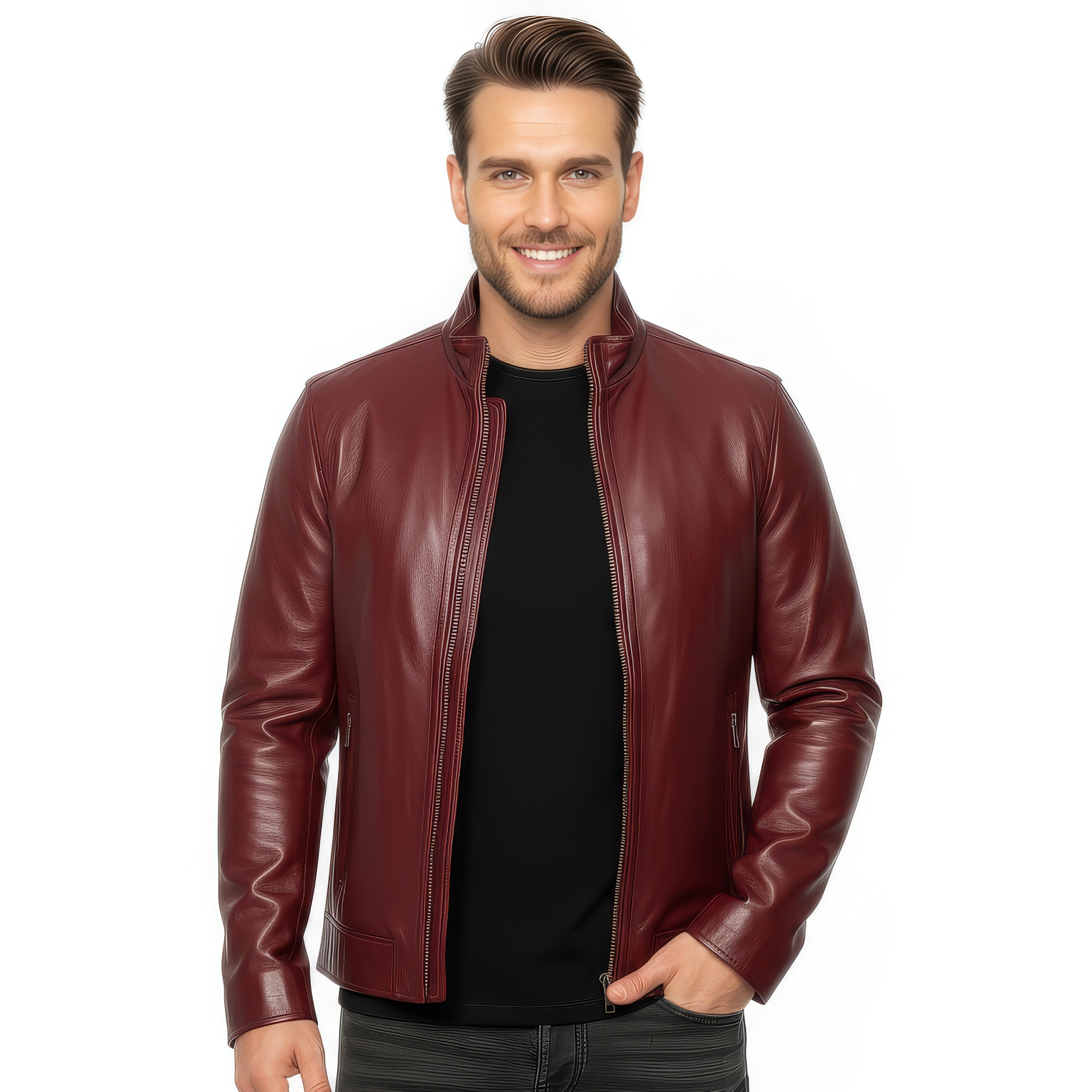 Stand Collar Real Leather Jacket for Men - Harry – SH Leatherwear