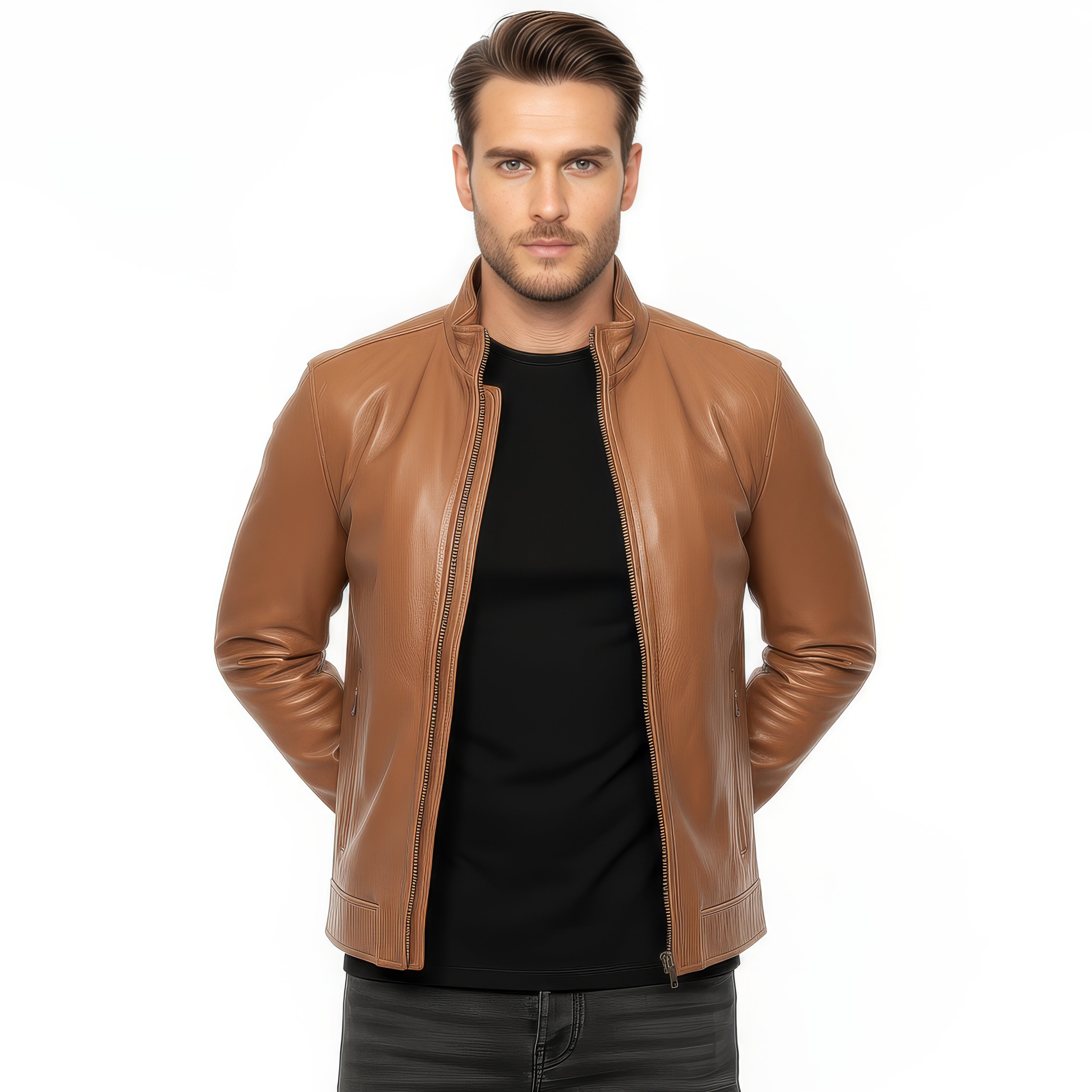 Stand Collar Real Leather Jacket for Men - Harry – SH Leatherwear