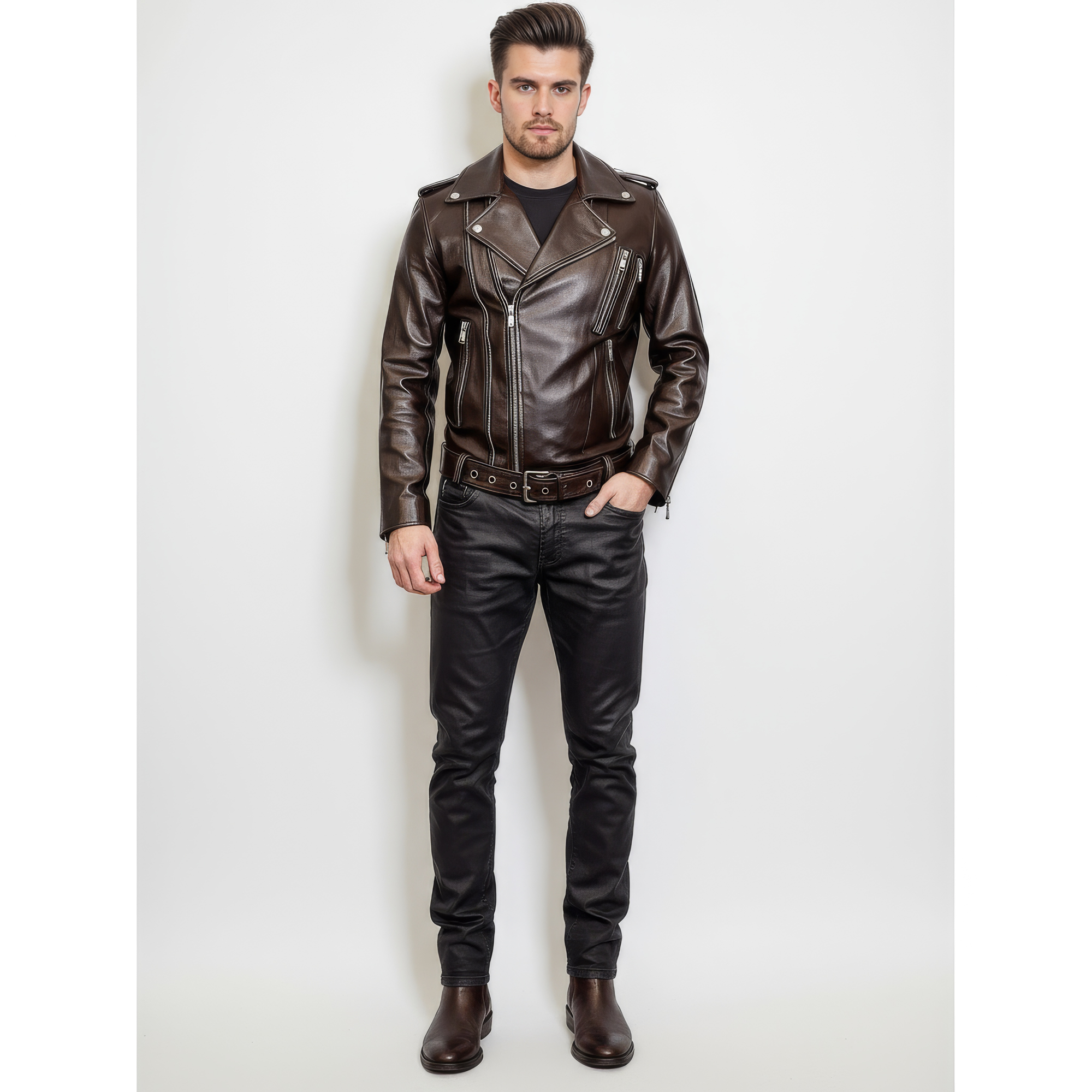 Moto Real Leather Jacket for Men- Hermes