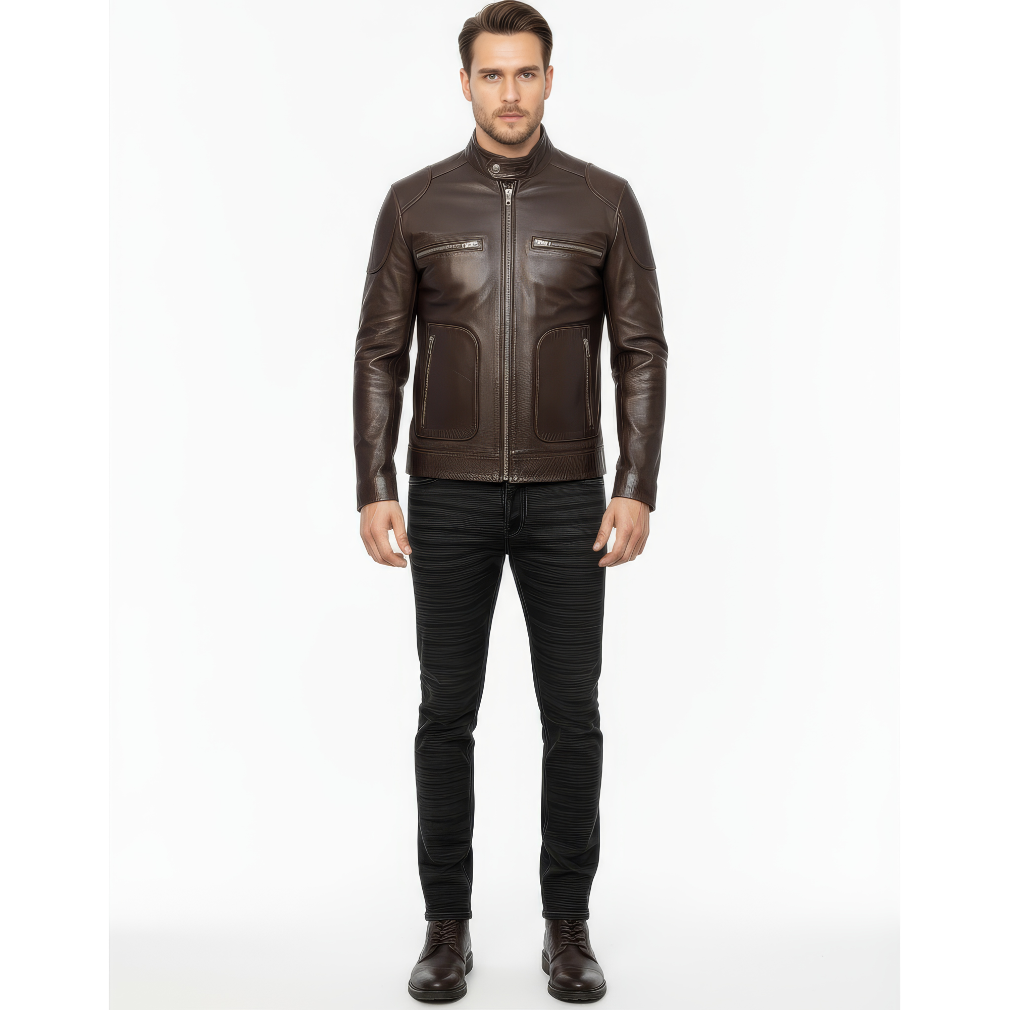 Men&#39;s Real Leather Cafe Racer Jacket - Andre