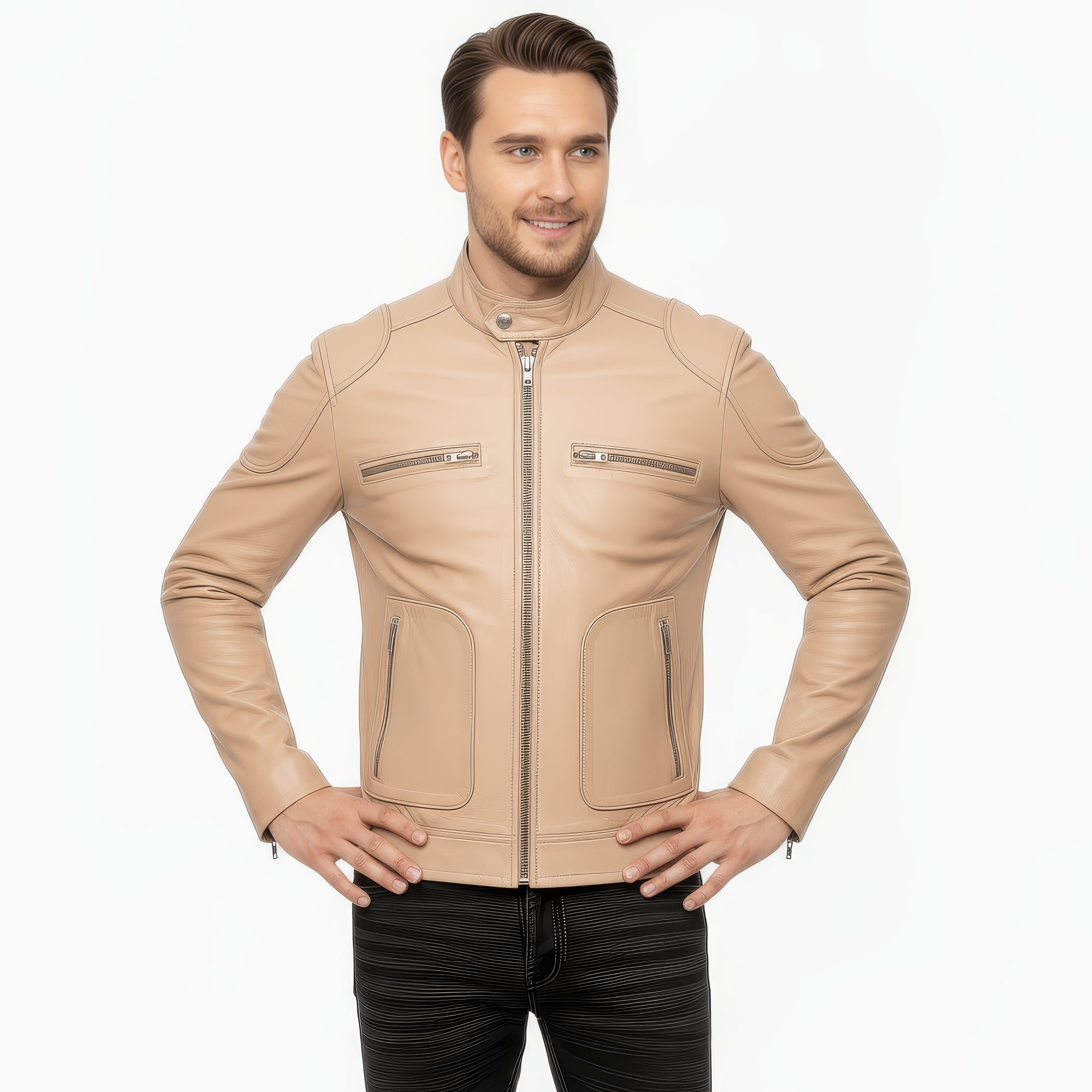 Men&#39;s Real Leather Cafe Racer Jacket - Andre