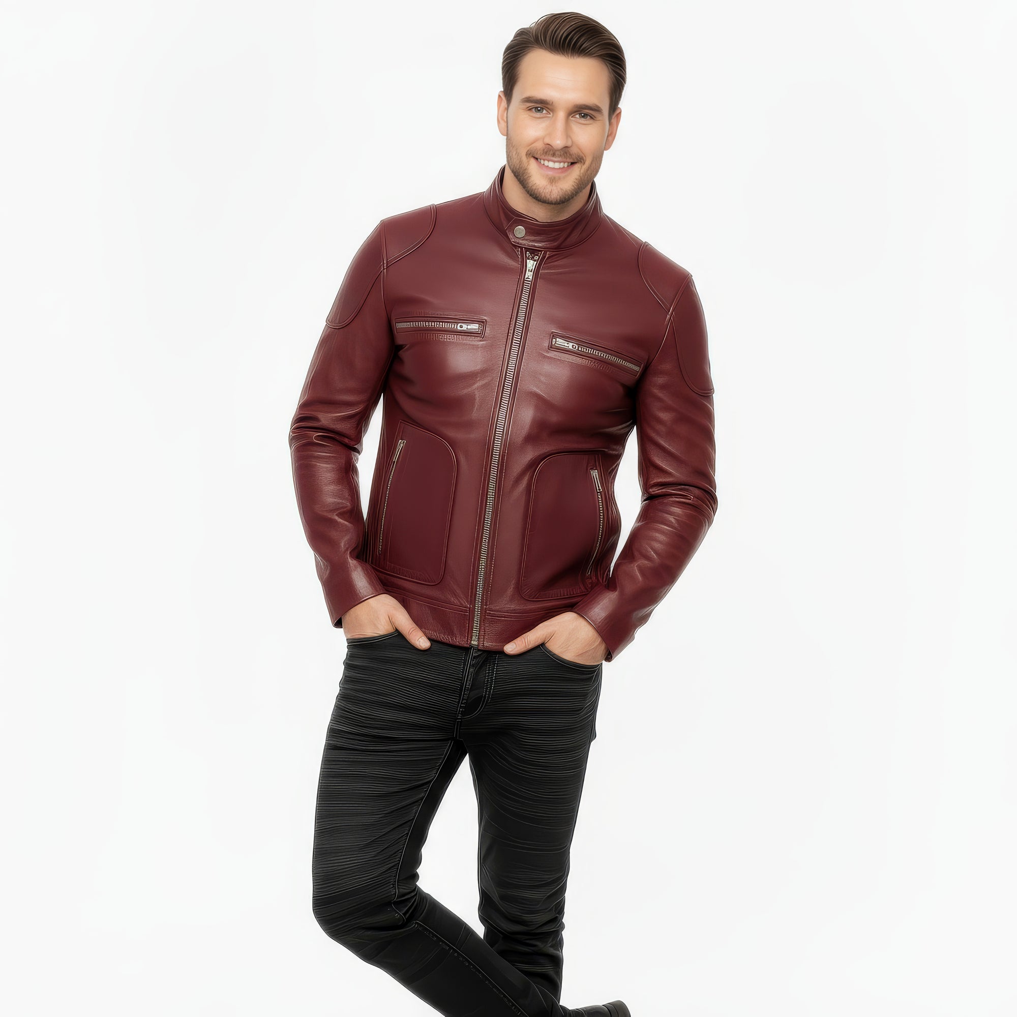 Men&#39;s Real Leather Cafe Racer Jacket - Andre